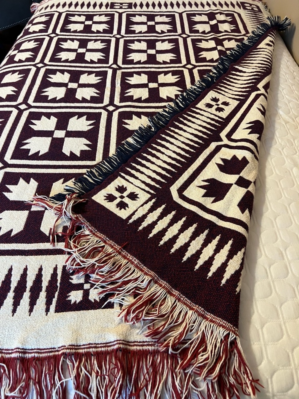 Geometric Fringe Woven Throw Blanket in Burgundy and Cream